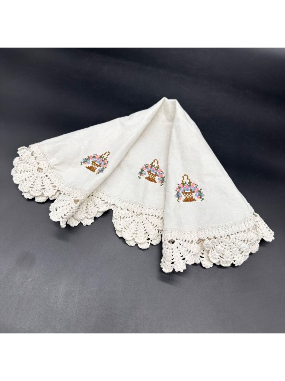 Vintage Doily Crocheted Edges Cross Stitched Flower Baskets Cotton Handmade